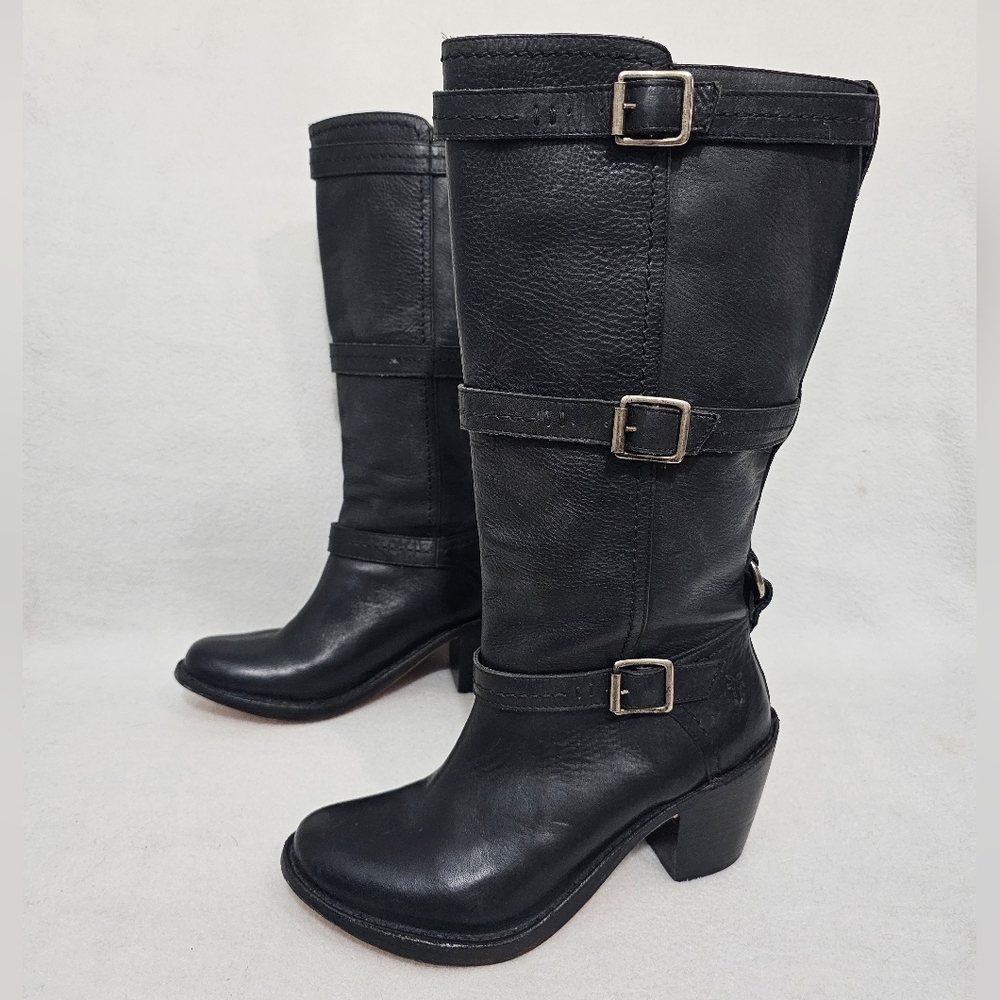 Frye Carmen Black Leather Buckle Accent Boots - Picture 3 of 7